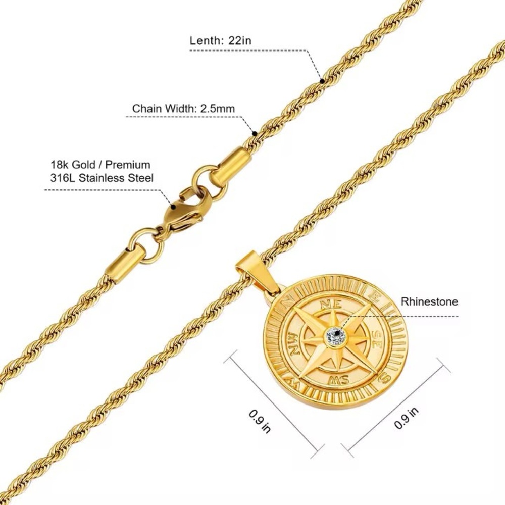 Compass Necklace with Rope Chain - Picture 4 of 6